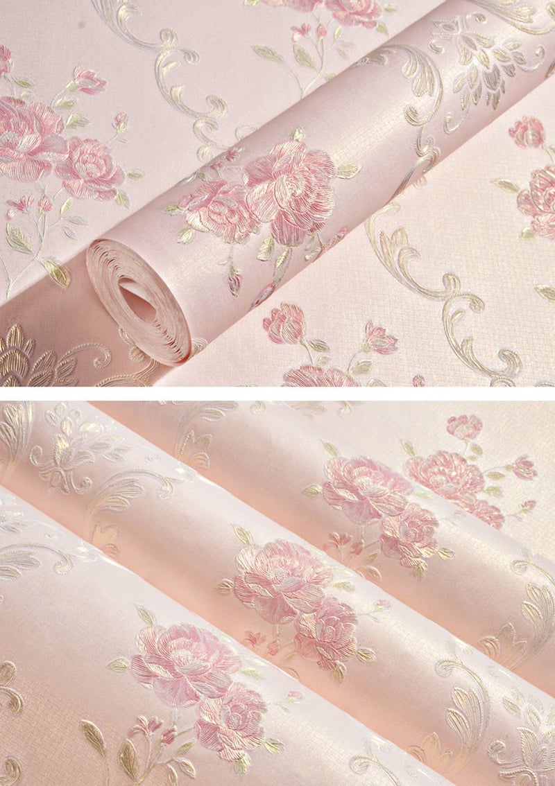 GLOW4U Embossed Rose Floral Contact Paper Self Adhesive Non-Woven Wallpaper Peel and Stick Wall Decor for Girls Living Room Bedroom Kitchen Bathroom Wall (Pink, 20.83" x 117") - Image 2
